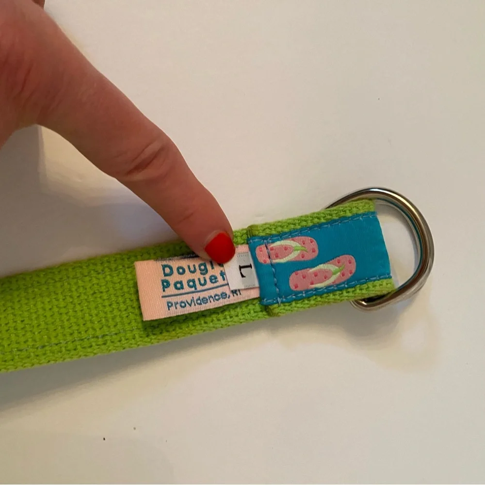 DOUGLAS PAQUETTE BELT GREEN CANVAS WEBBING BLUE FLIP FLOP RIBBON SIZE L USA